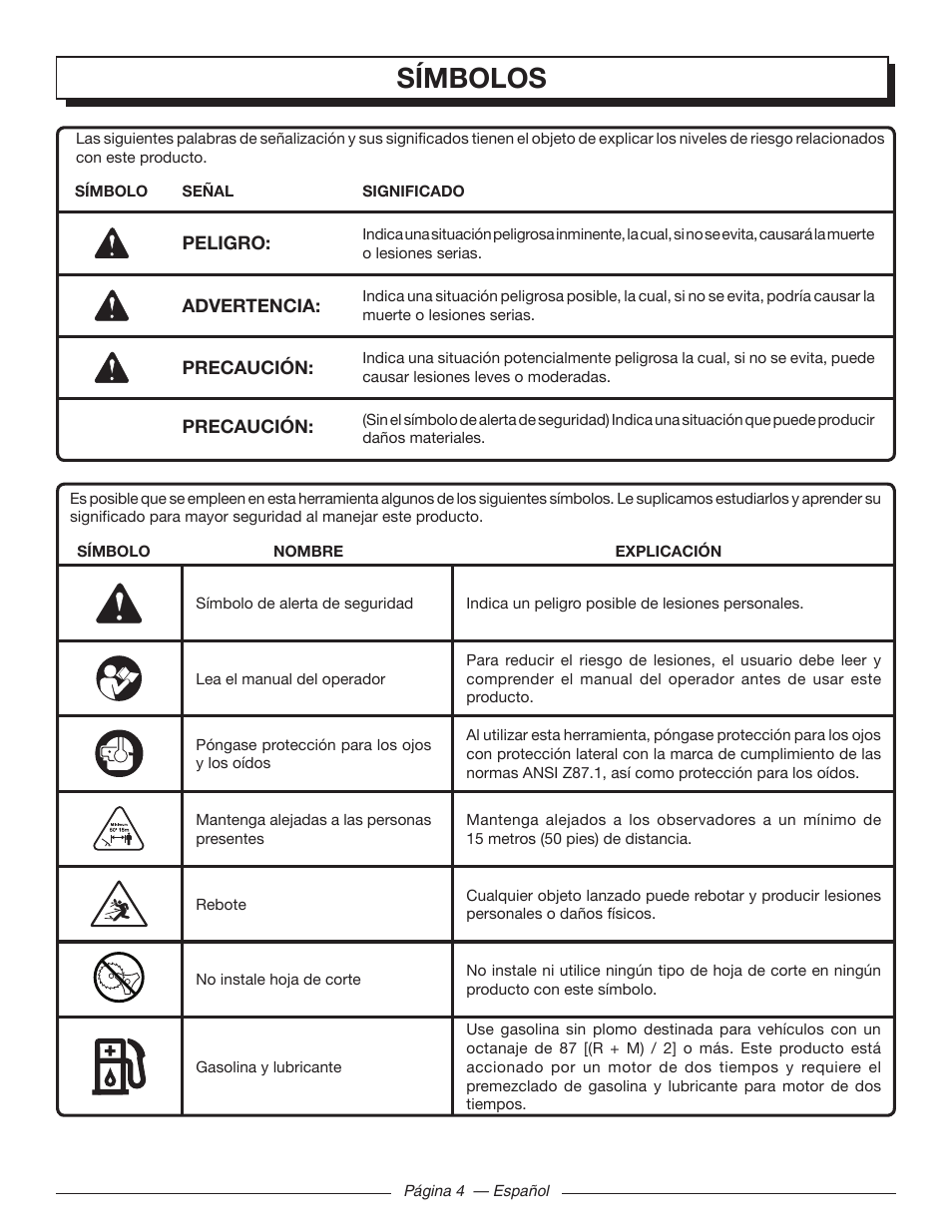 Símbolos | Homelite MIGHTYLITE 26SS User Manual | Page 32 / 44