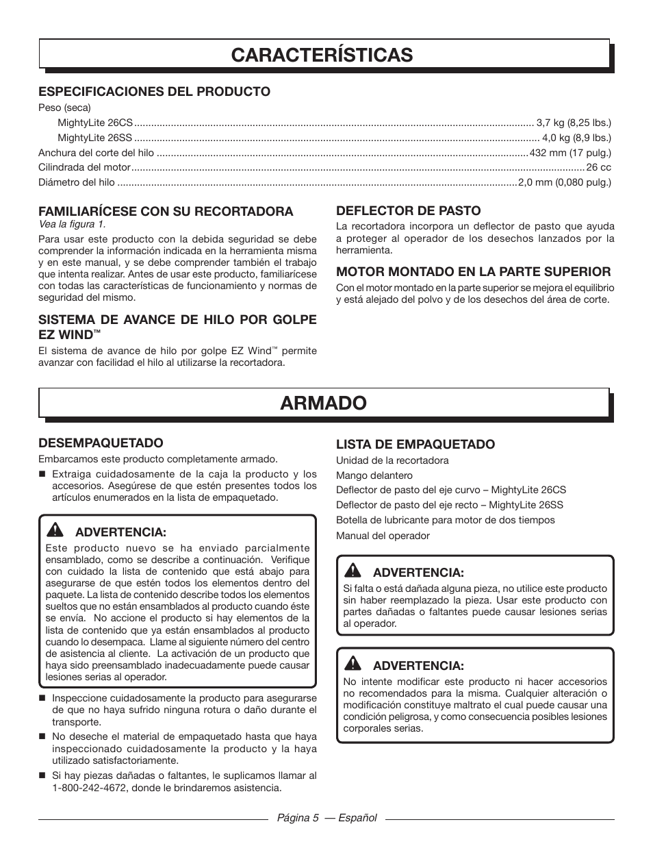 Características, Armado | Homelite MIGHTYLITE 26SS User Manual | Page 33 / 44