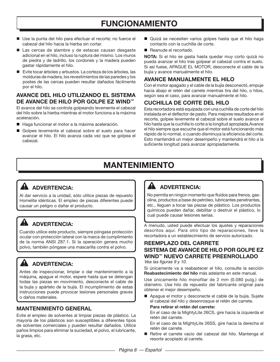 Funcionamiento, Mantenimiento | Homelite MIGHTYLITE 26SS User Manual | Page 36 / 44