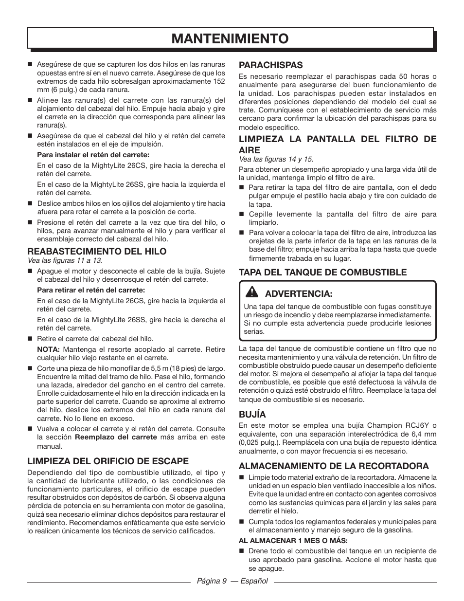 Mantenimiento, Reabastecimiento del hilo, Limpieza del orificio de escape | Parachispas, Limpieza la pantalla del filtro de aire, Tapa del tanque de combustible advertencia, Bujía, Almacenamiento de la recortadora | Homelite MIGHTYLITE 26SS User Manual | Page 37 / 44