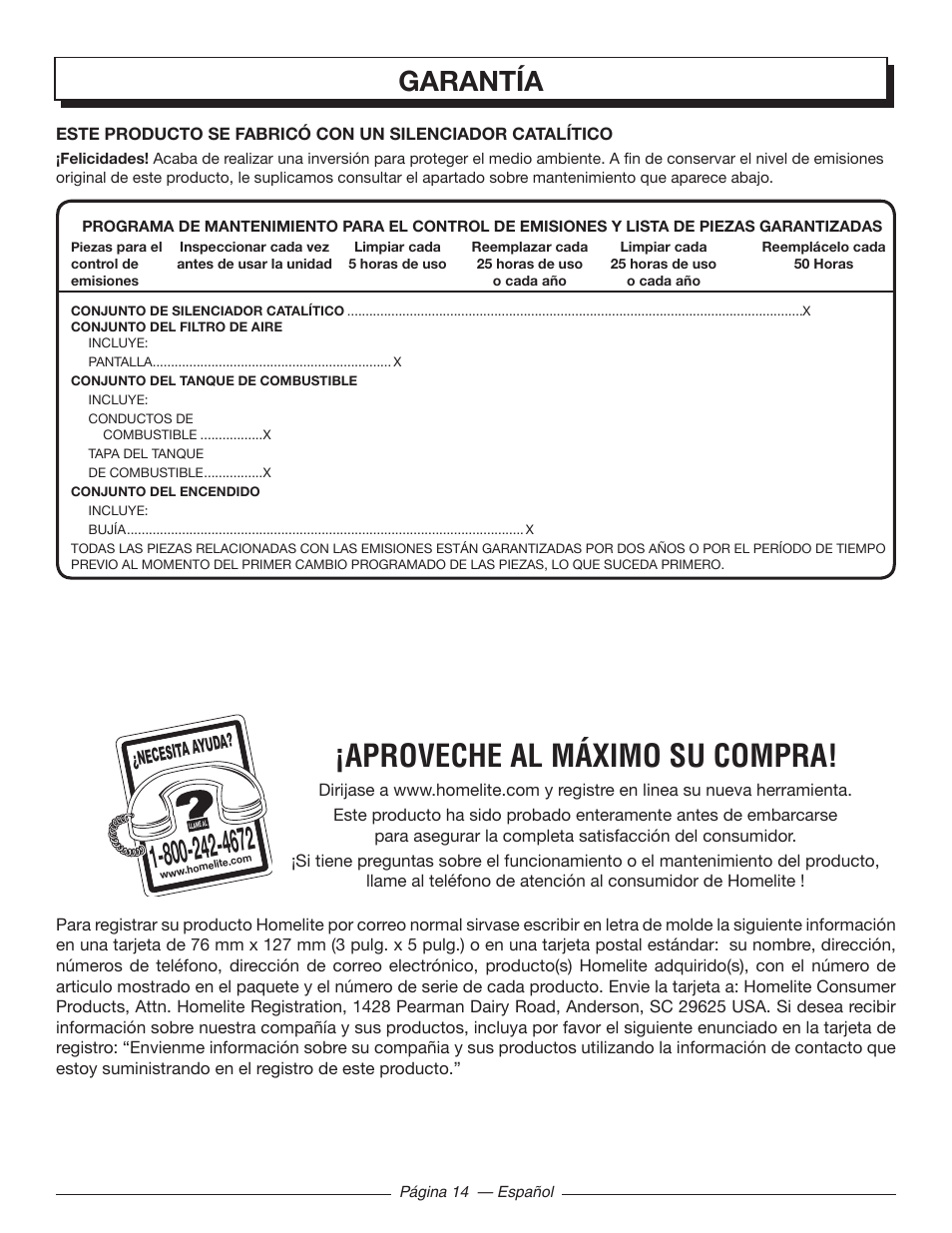 Aproveche al máximo su compra, Garantía | Homelite MIGHTYLITE 26SS User Manual | Page 42 / 44