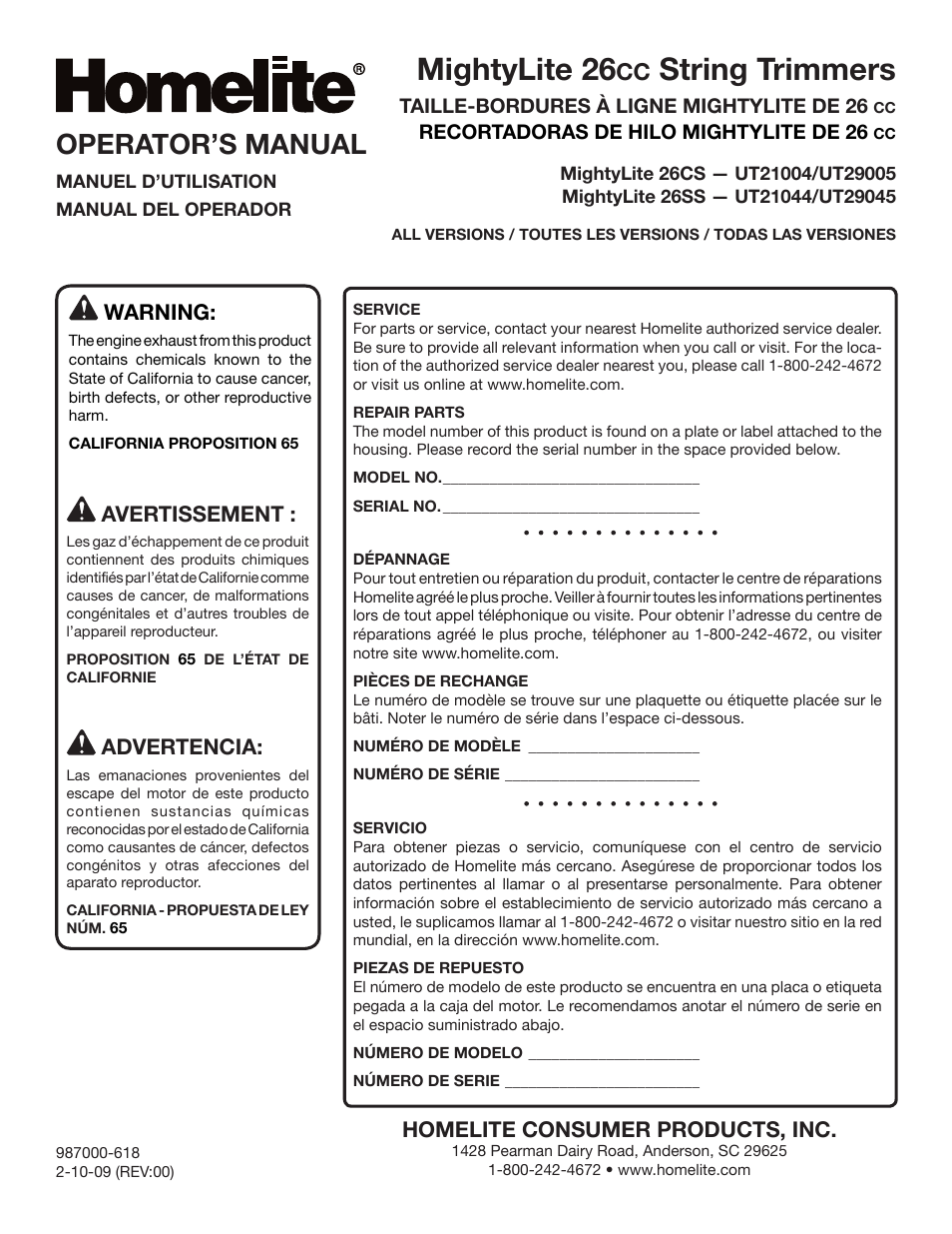 Mightylite 26, String trimmers, Operator’s manual | Homelite consumer products, inc, Warning, Avertissement, Advertencia | Homelite MIGHTYLITE 26SS User Manual | Page 44 / 44