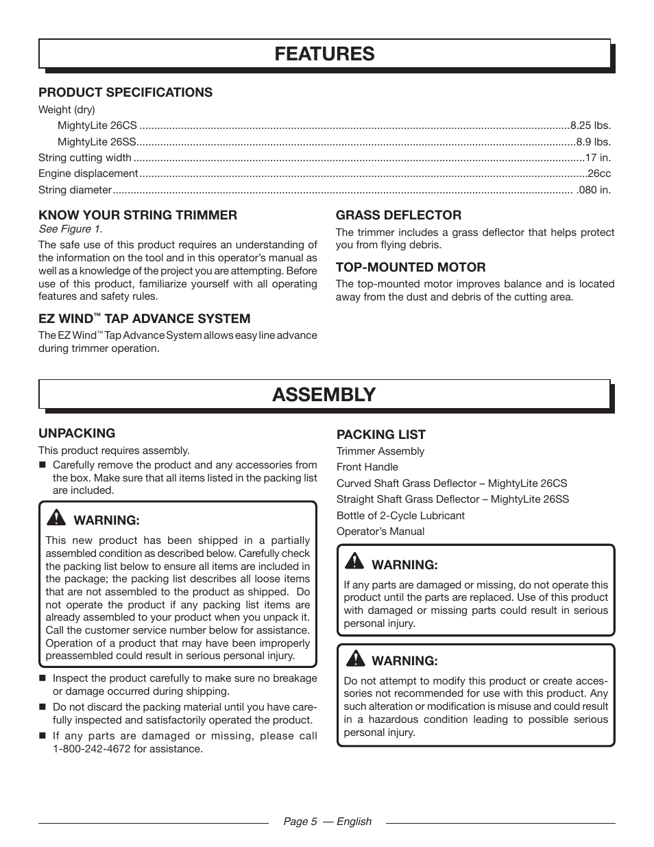 Features, Assembly | Homelite MIGHTYLITE 26SS User Manual | Page 9 / 44