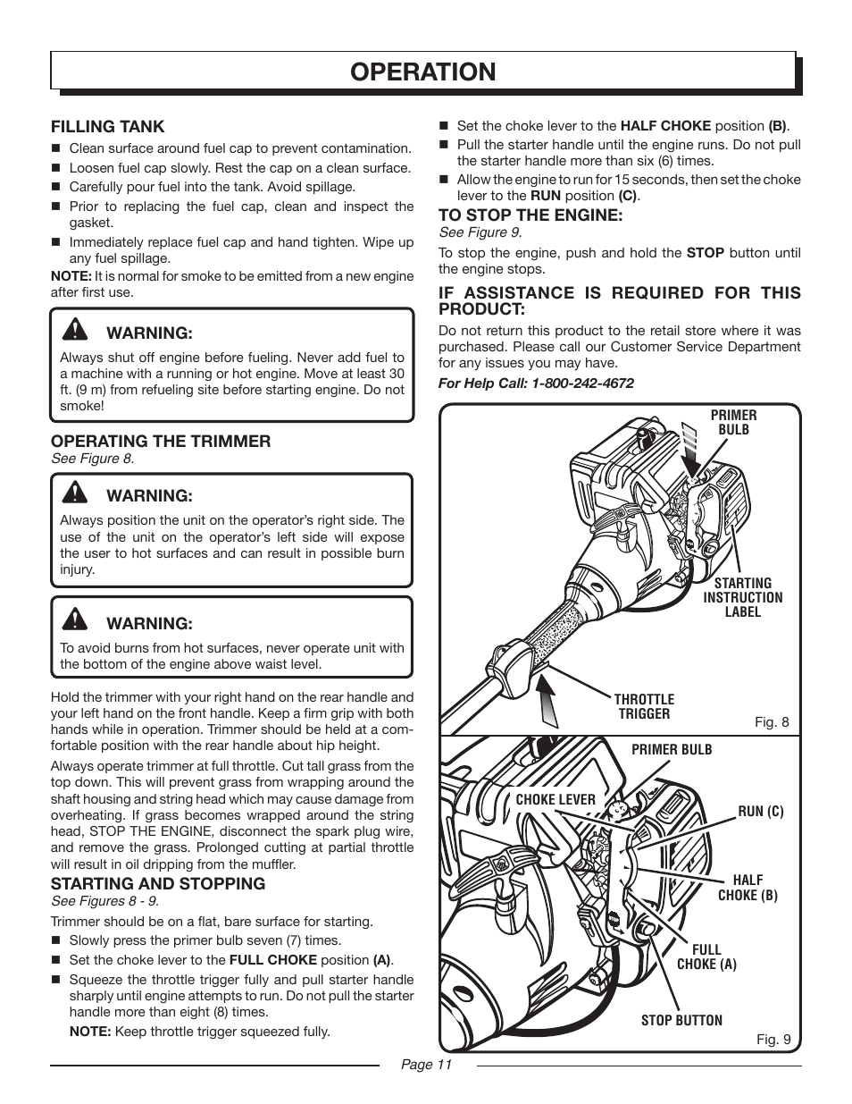 Operation, Filling tank, Warning | Operating the trimmer, Starting and stopping, If assistance is required for this product | Homelite UT20024A User Manual | Page 11 / 22