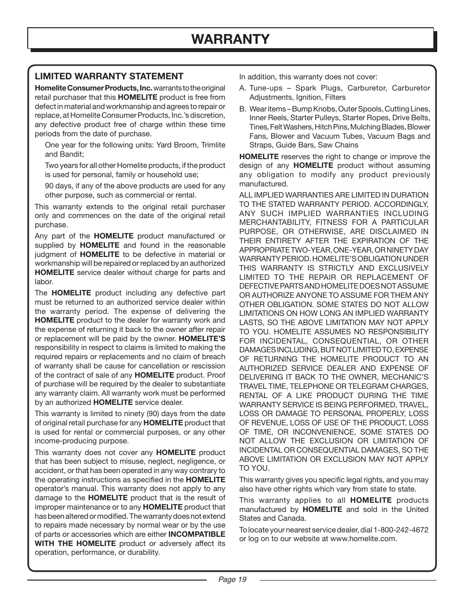 Warranty | Homelite UT20024A User Manual | Page 19 / 22