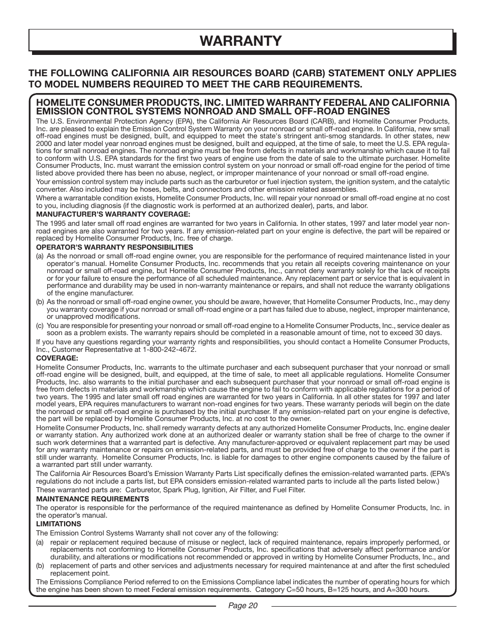 Warranty | Homelite UT20024A User Manual | Page 20 / 22