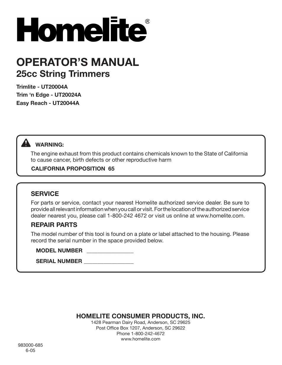 Operator’s manual, 25cc string trimmers | Homelite UT20024A User Manual | Page 22 / 22