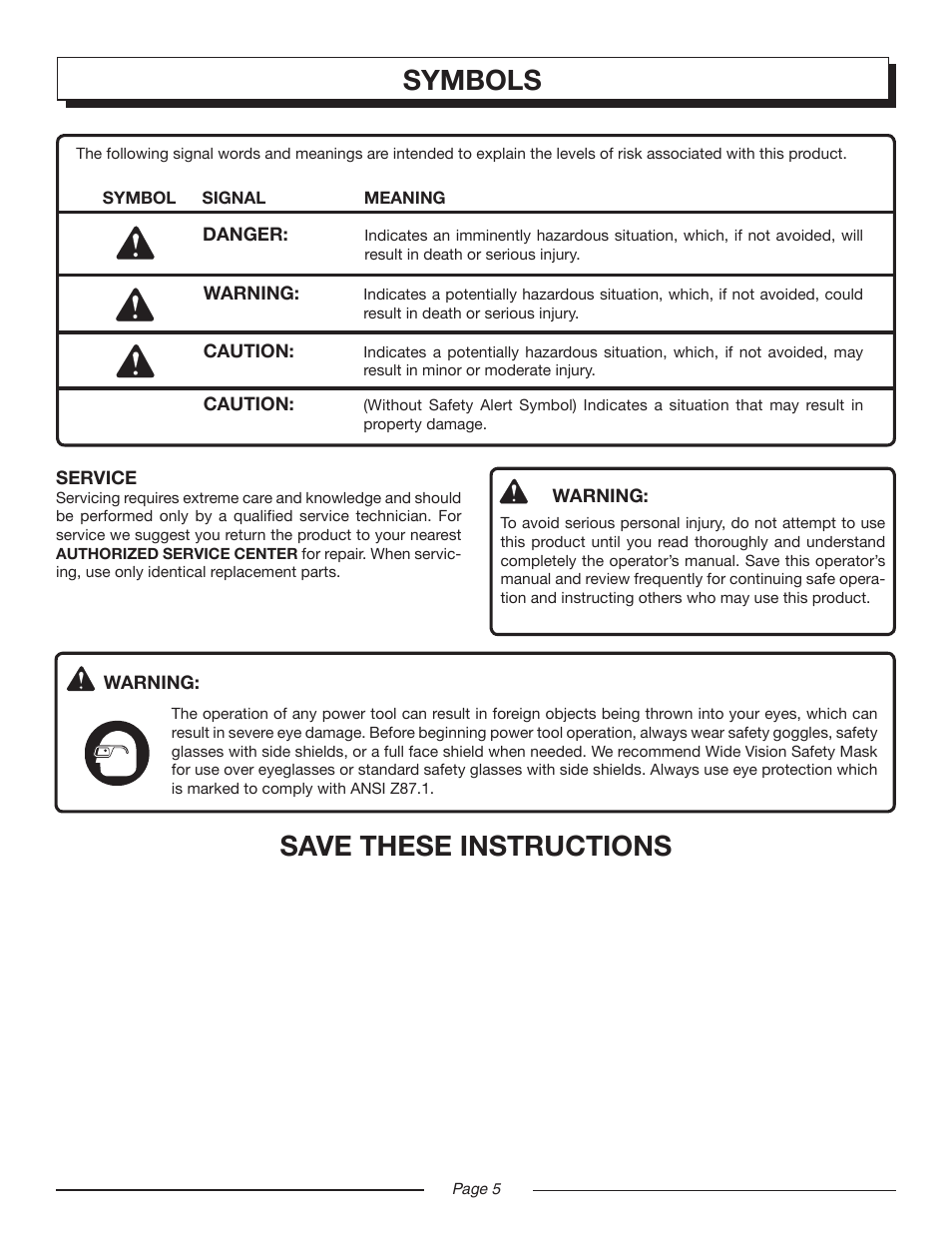 Symbols, Save these instructions | Homelite UT20024A User Manual | Page 5 / 22