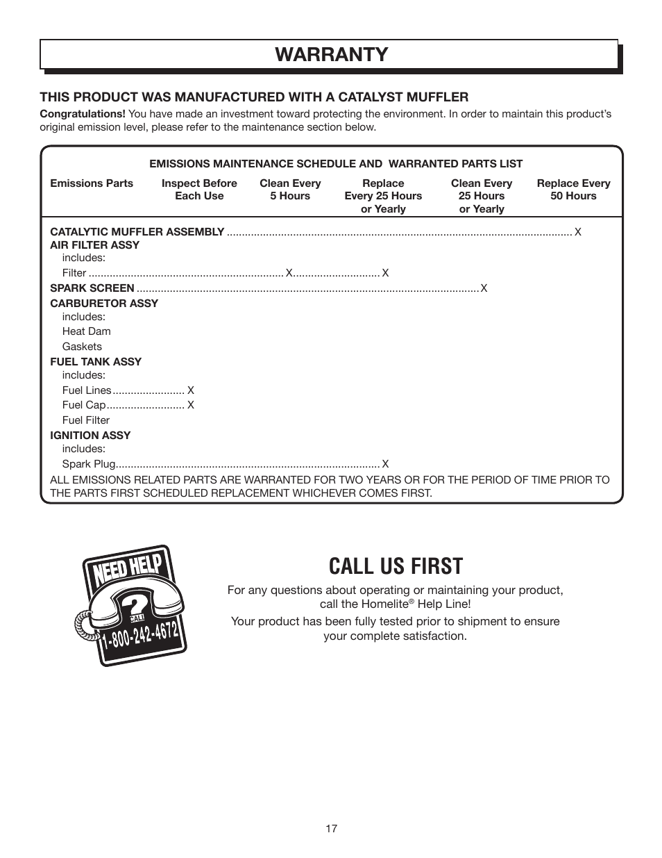 Call us first, Warranty | Homelite UT08512B User Manual | Page 17 / 18