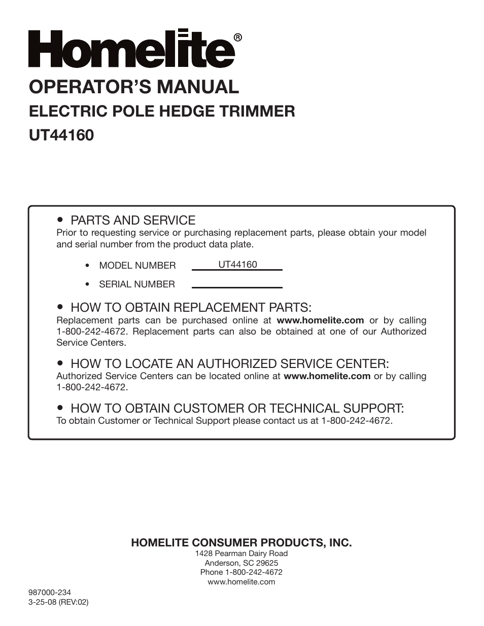 Operator’s manual | Homelite UT44160 User Manual | Page 16 / 16