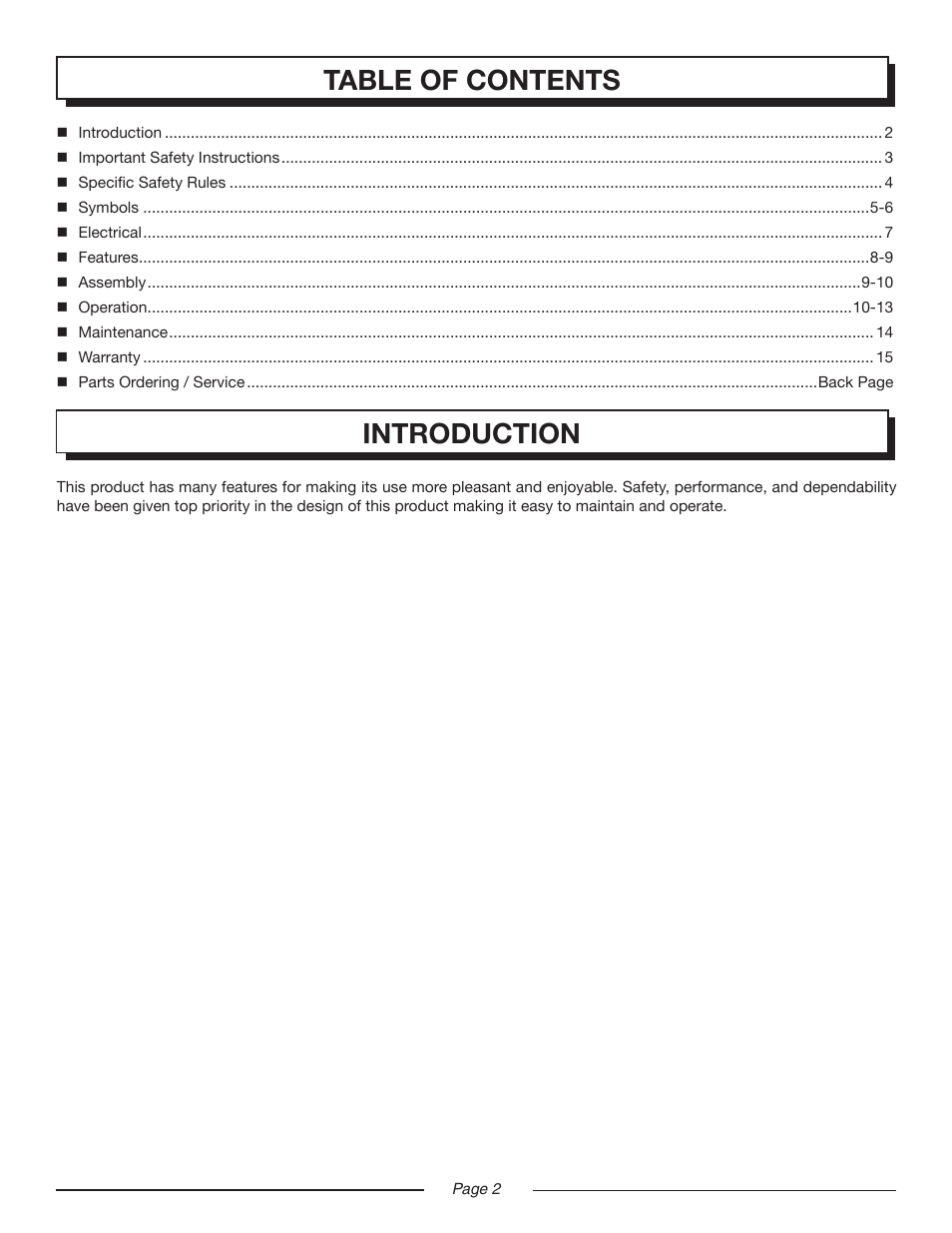 Introduction table of contents | Homelite UT44160 User Manual | Page 2 / 16