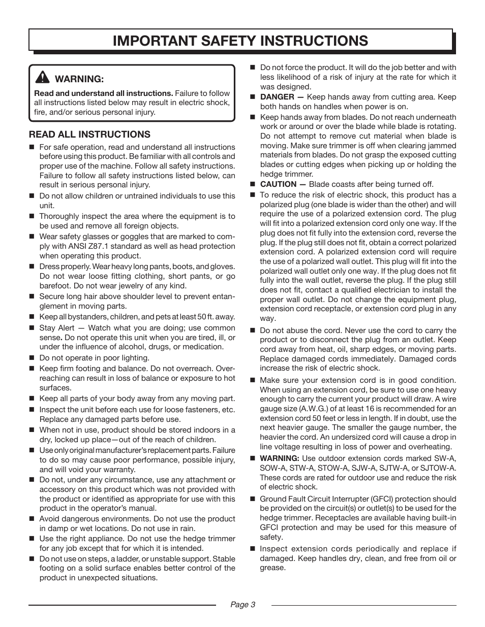 Important safety instructions | Homelite UT44160 User Manual | Page 3 / 16