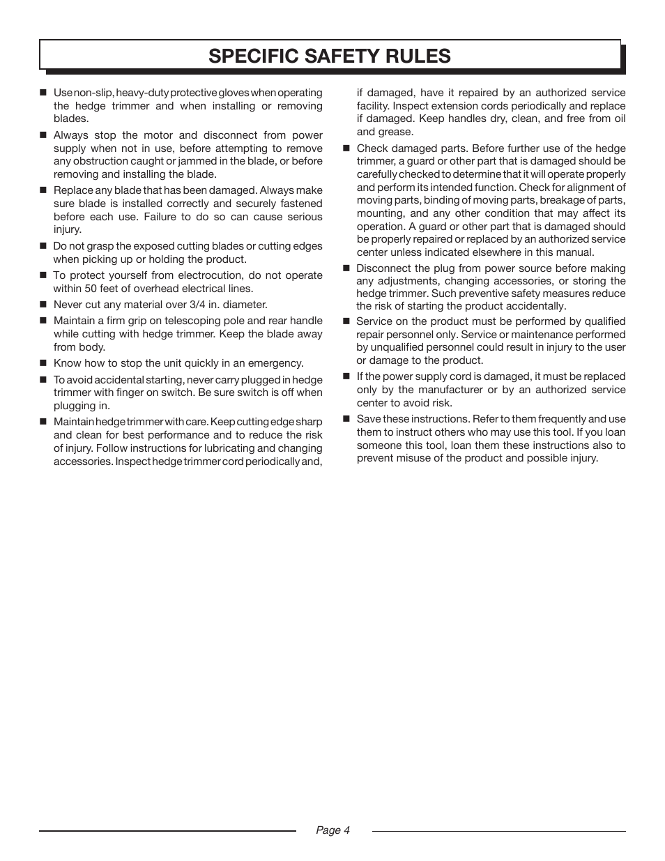 Specific safety rules | Homelite UT44160 User Manual | Page 4 / 16