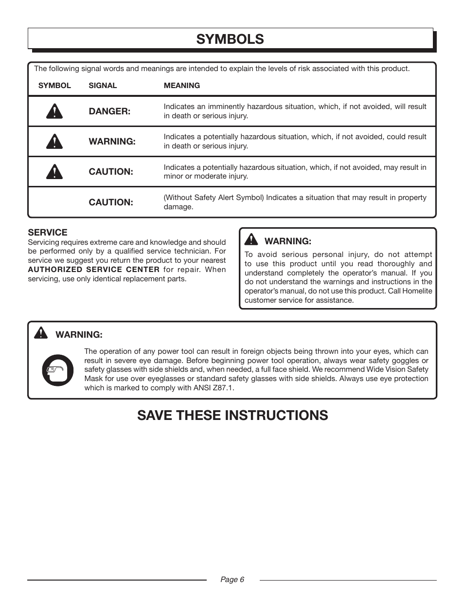 Symbols, Save these instructions | Homelite UT44160 User Manual | Page 6 / 16