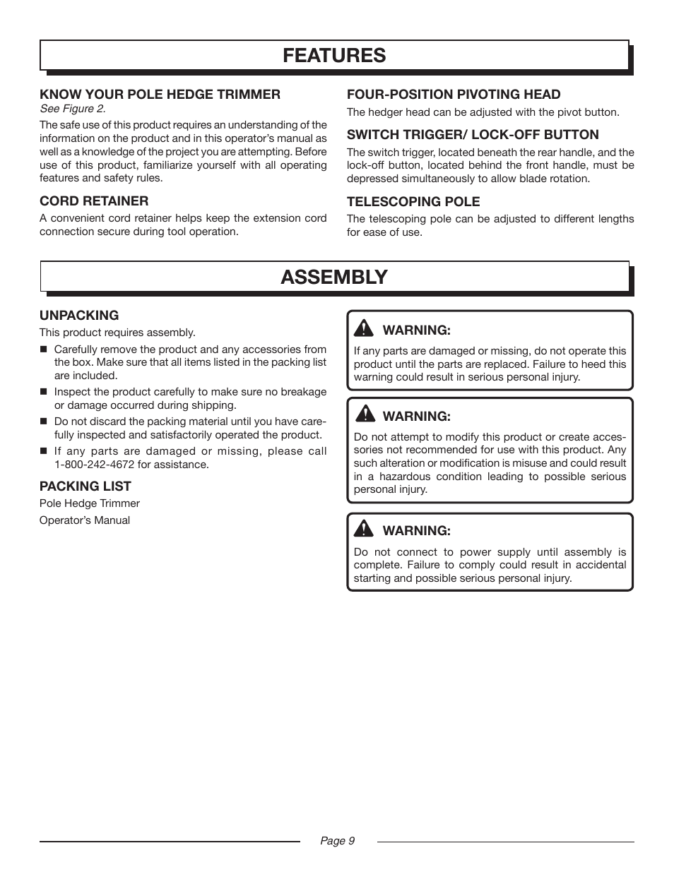 Features, Features assembly | Homelite UT44160 User Manual | Page 9 / 16