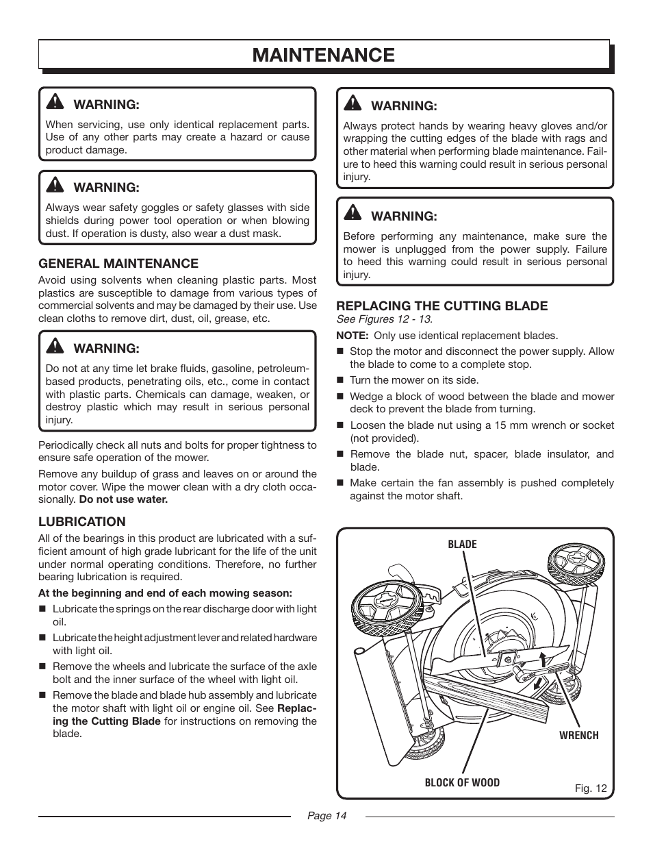 Hl 18-20 eng 14, Maintenance | Homelite Electric Lawn Mower UT13220 User Manual | Page 14 / 22