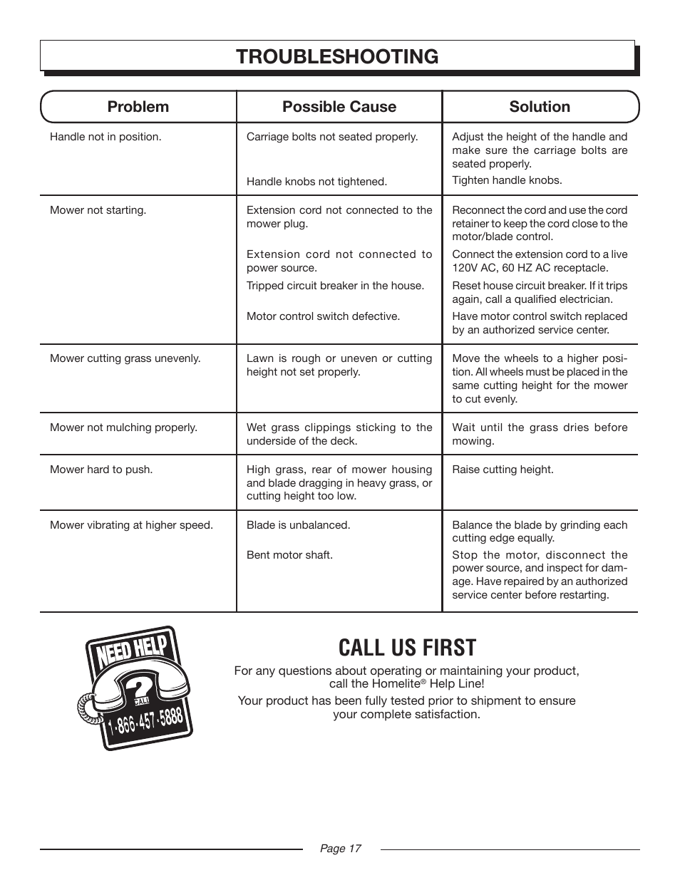 Hl 18-20 eng 17, Call us first, Troubleshooting | Problem possible cause solution | Homelite Electric Lawn Mower UT13220 User Manual | Page 17 / 22