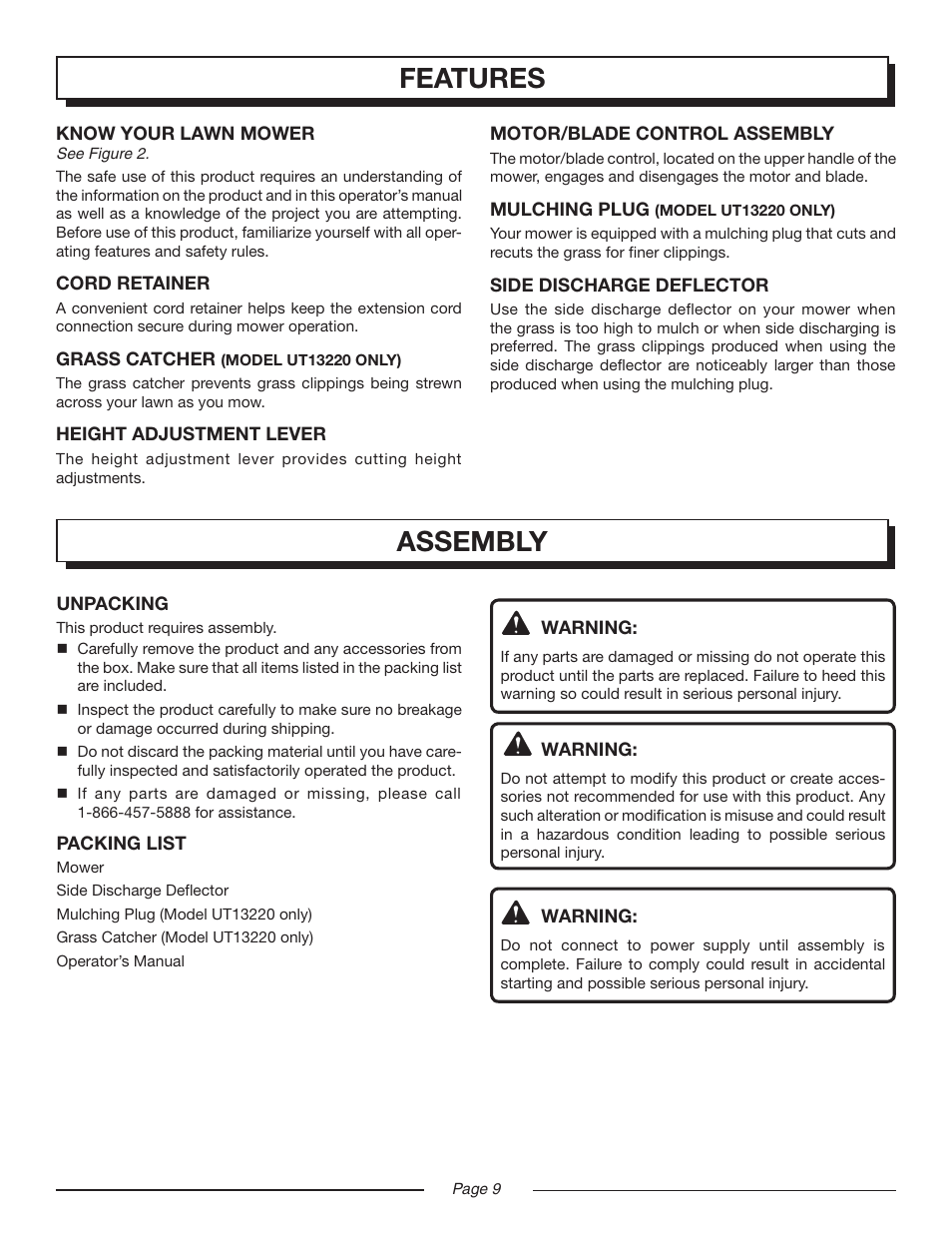 Hl 18-20 eng 9, Features, Assembly | Homelite Electric Lawn Mower UT13220 User Manual | Page 9 / 22