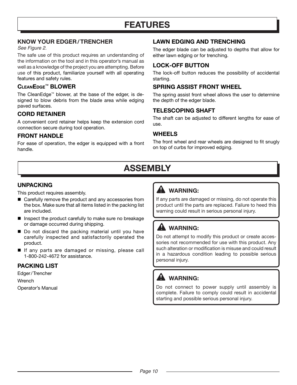 Features, Assembly | Homelite UT45100 User Manual | Page 10 / 18