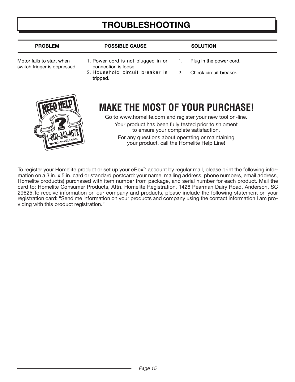 Make the most of your purchase, Troubleshooting | Homelite UT45100 User Manual | Page 15 / 18