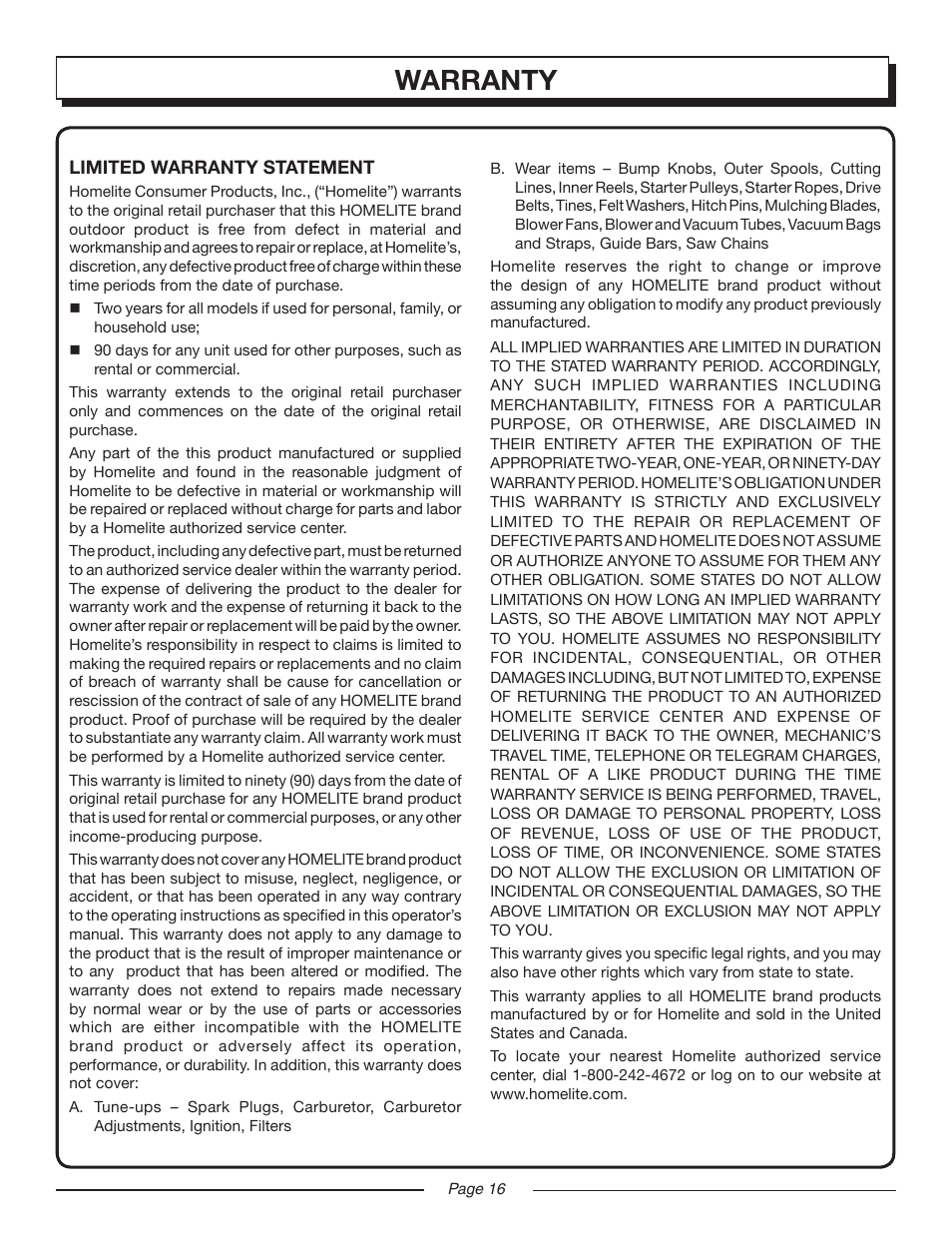 Warranty | Homelite UT45100 User Manual | Page 16 / 18