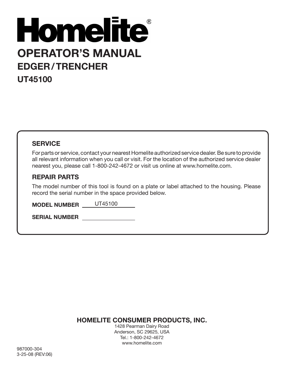 Operator’s manual, Edger / trencher | Homelite UT45100 User Manual | Page 18 / 18