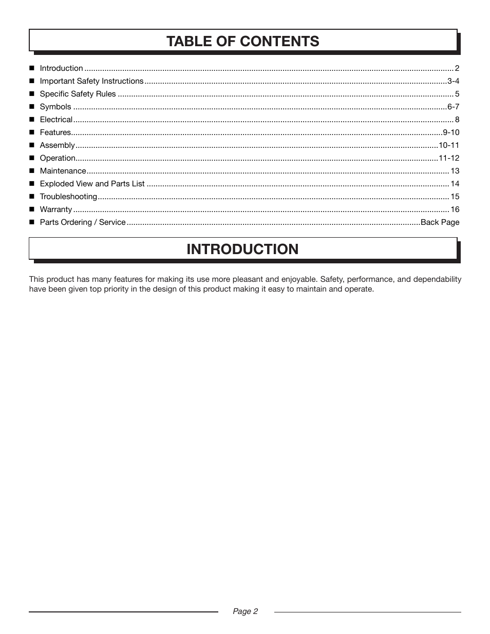 Introduction table of contents | Homelite UT45100 User Manual | Page 2 / 18