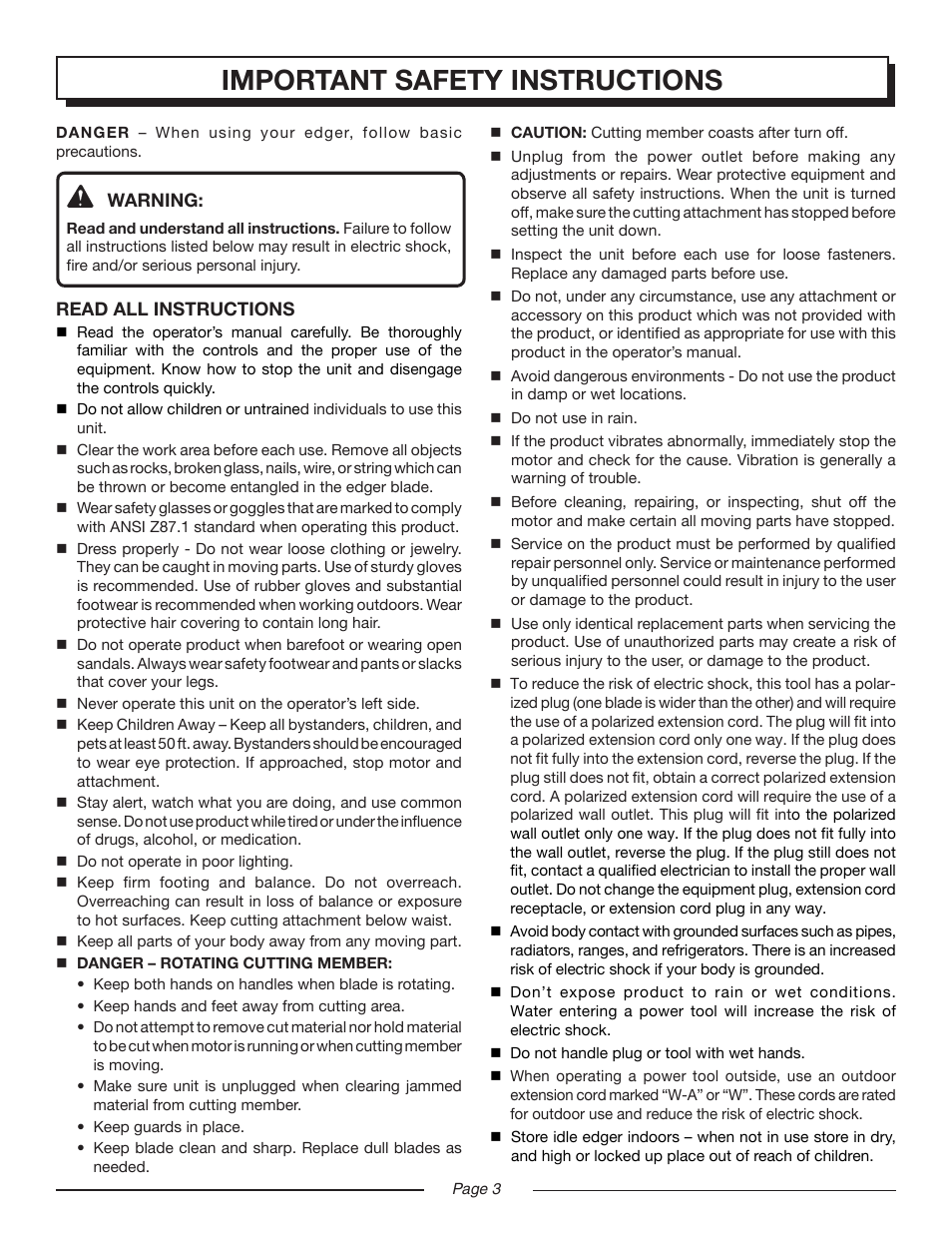 Important safety instructions | Homelite UT45100 User Manual | Page 3 / 18