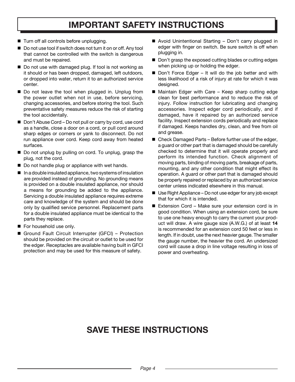 Important safety instructions, Save these instructions | Homelite UT45100 User Manual | Page 4 / 18