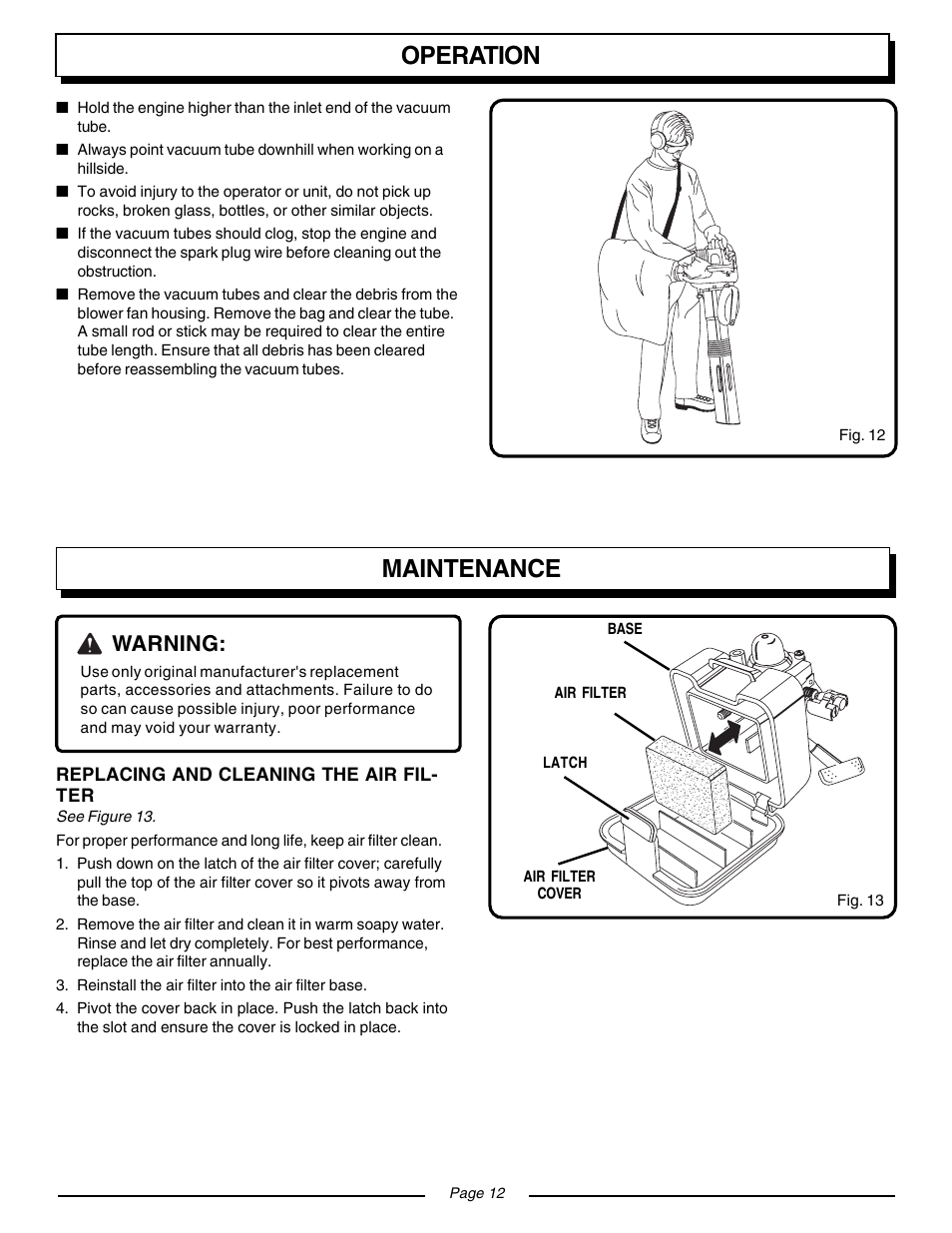 Maintenance, Operation, Warning | Homelite VAC ATTACK II UT08934 User Manual | Page 12 / 18