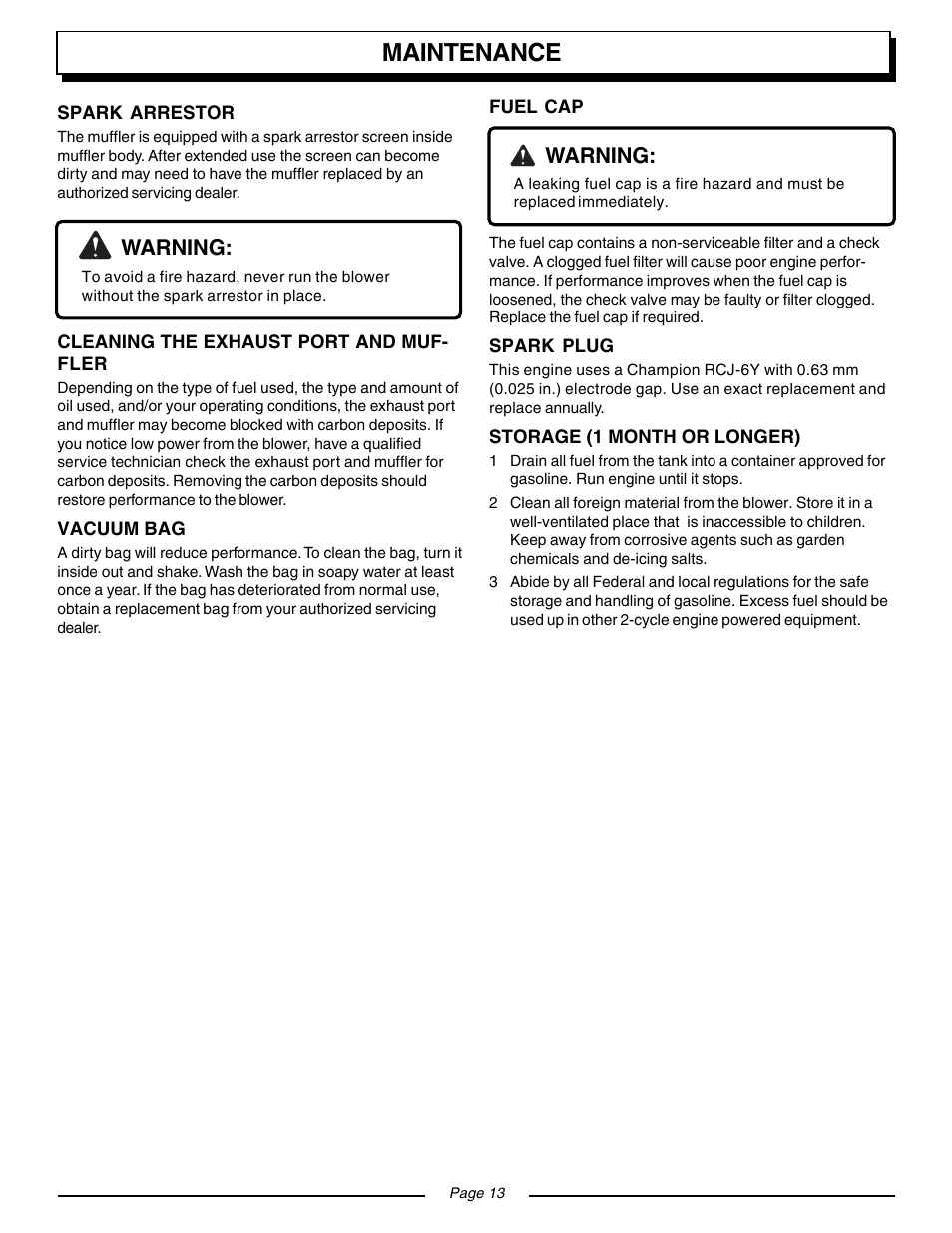 Maintenance, Warning | Homelite VAC ATTACK II UT08934 User Manual | Page 13 / 18