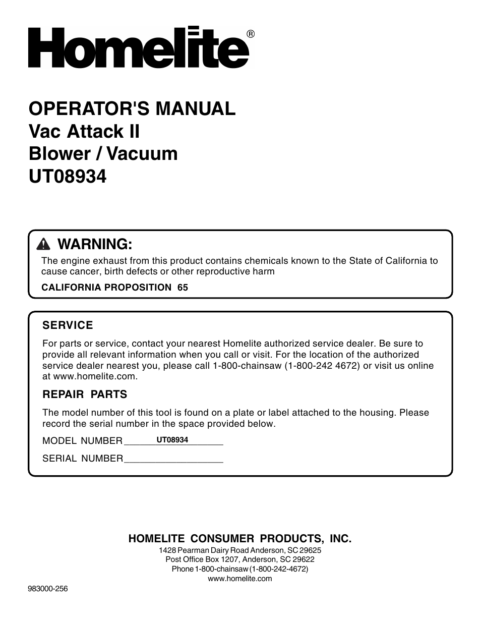 Warning | Homelite VAC ATTACK II UT08934 User Manual | Page 18 / 18