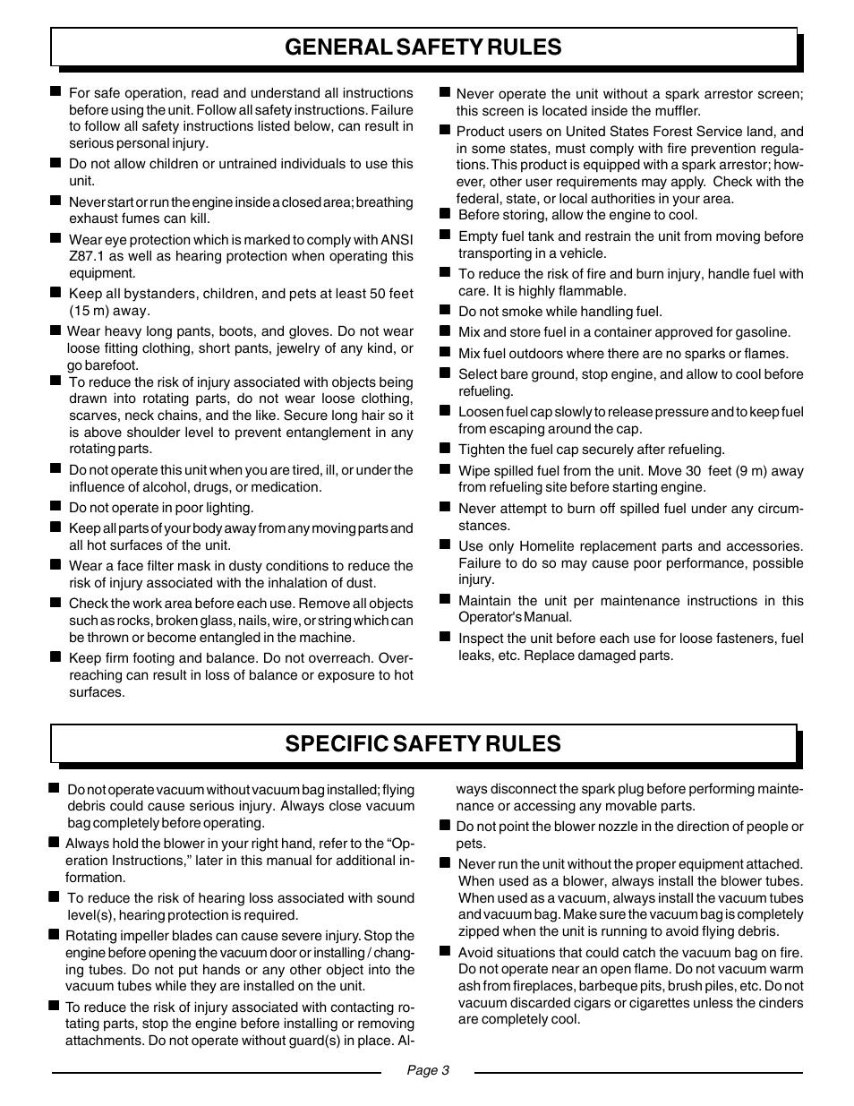 General safety rules, Specific safety rules | Homelite VAC ATTACK II UT08934 User Manual | Page 3 / 18