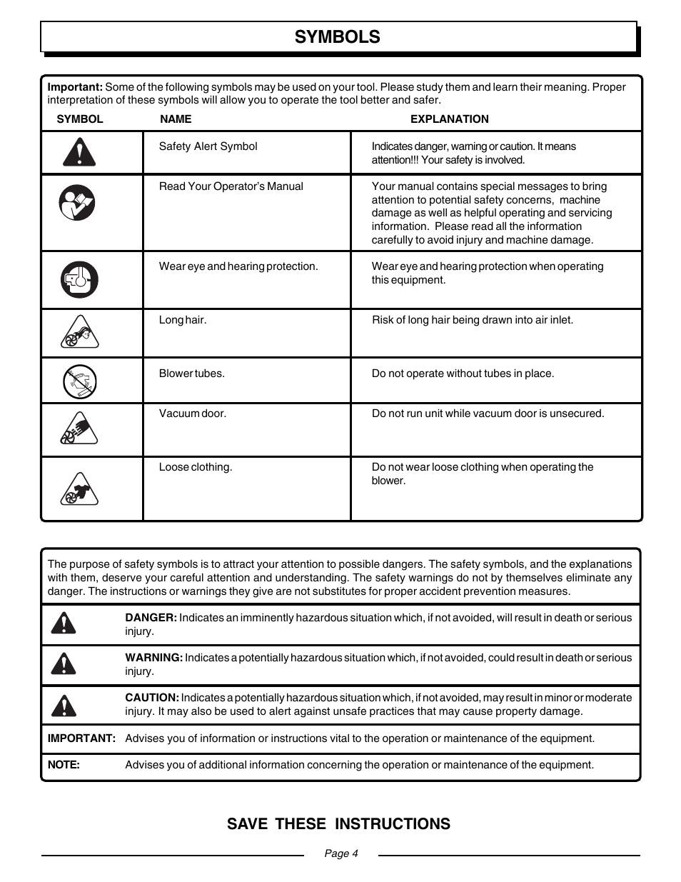 Symbols, Save these instructions | Homelite VAC ATTACK II UT08934 User Manual | Page 4 / 18