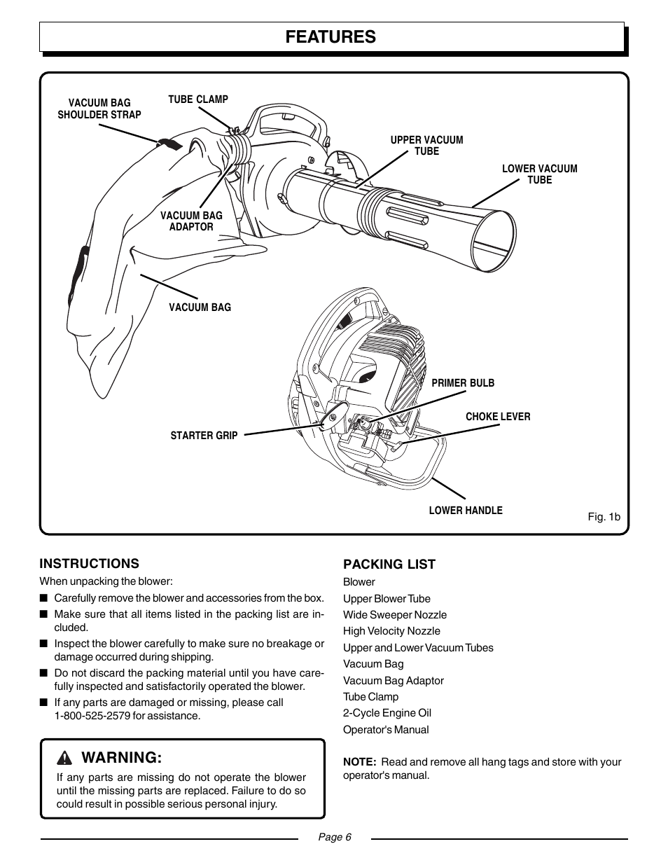 Features, Warning | Homelite VAC ATTACK II UT08934 User Manual | Page 6 / 18