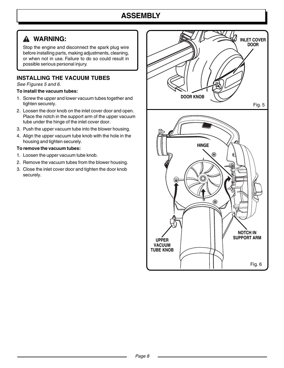 Assembly, Warning | Homelite VAC ATTACK II UT08934 User Manual | Page 8 / 18