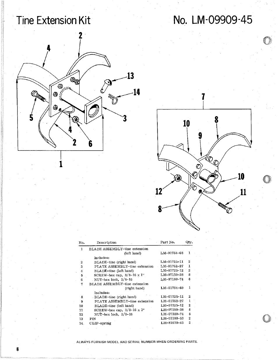 Tine extension kit, No. lm-09909-45 | Homelite R-8 User Manual | Page 8 / 12