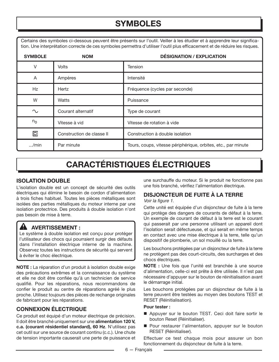 Symboles, Caractéristiques électriques | Homelite UT80715 User Manual | Page 20 / 42