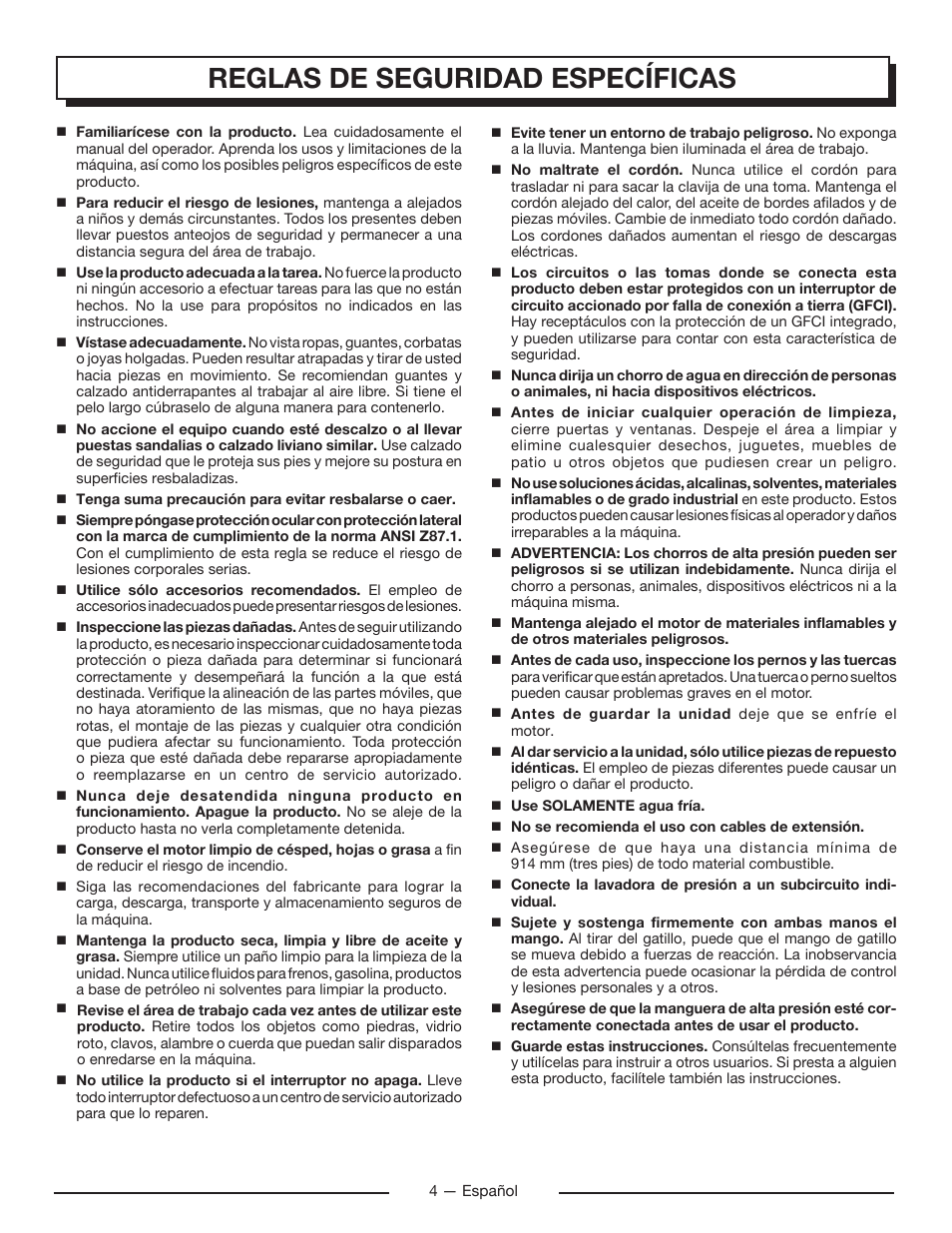 Reglas de seguridad específicas | Homelite UT80715 User Manual | Page 30 / 42