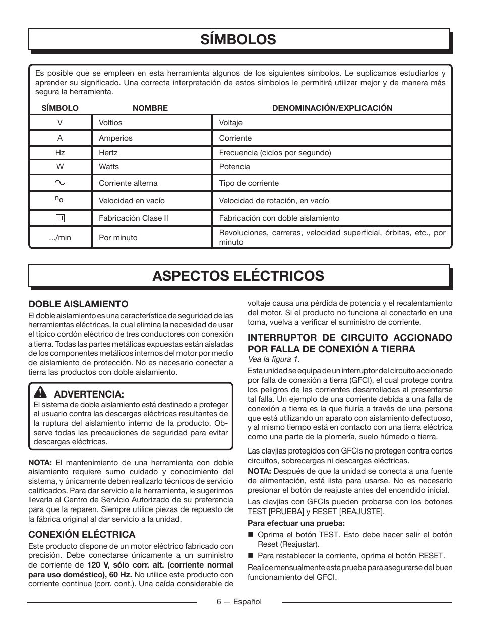 Símbolos, Aspectos eléctricos | Homelite UT80715 User Manual | Page 32 / 42