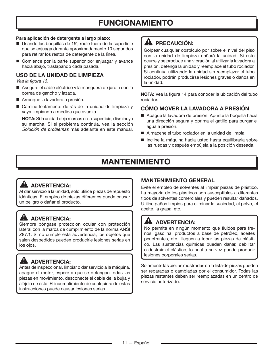 Funcionamiento, Mantenimiento | Homelite UT80715 User Manual | Page 37 / 42