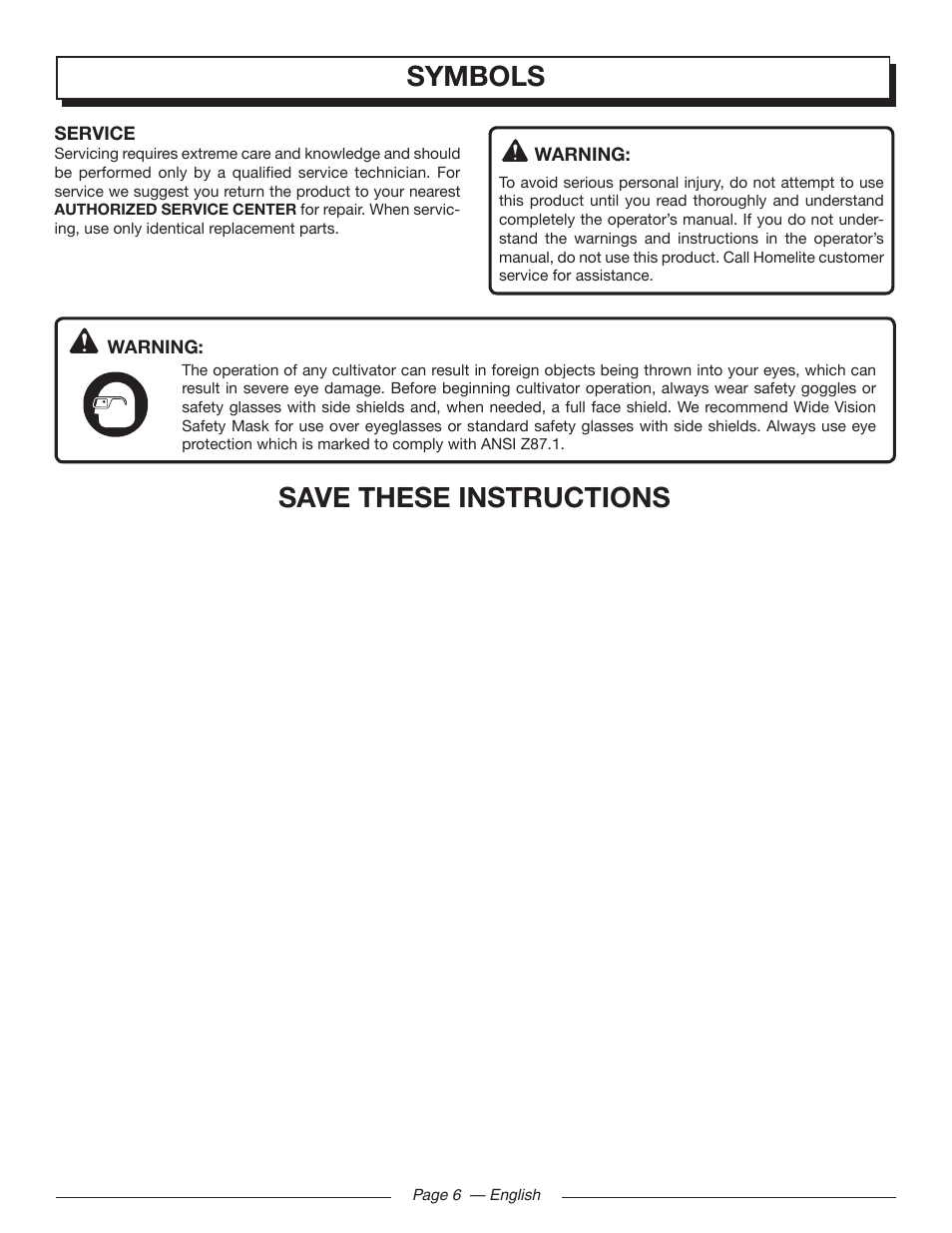 Symbols, Save these instructions | Homelite UT46510 User Manual | Page 10 / 40