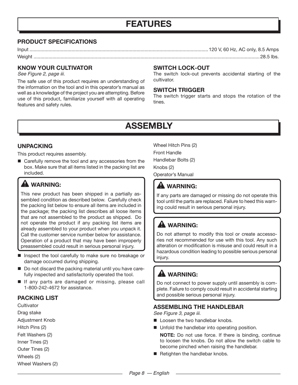 Features, Assembly | Homelite UT46510 User Manual | Page 12 / 40