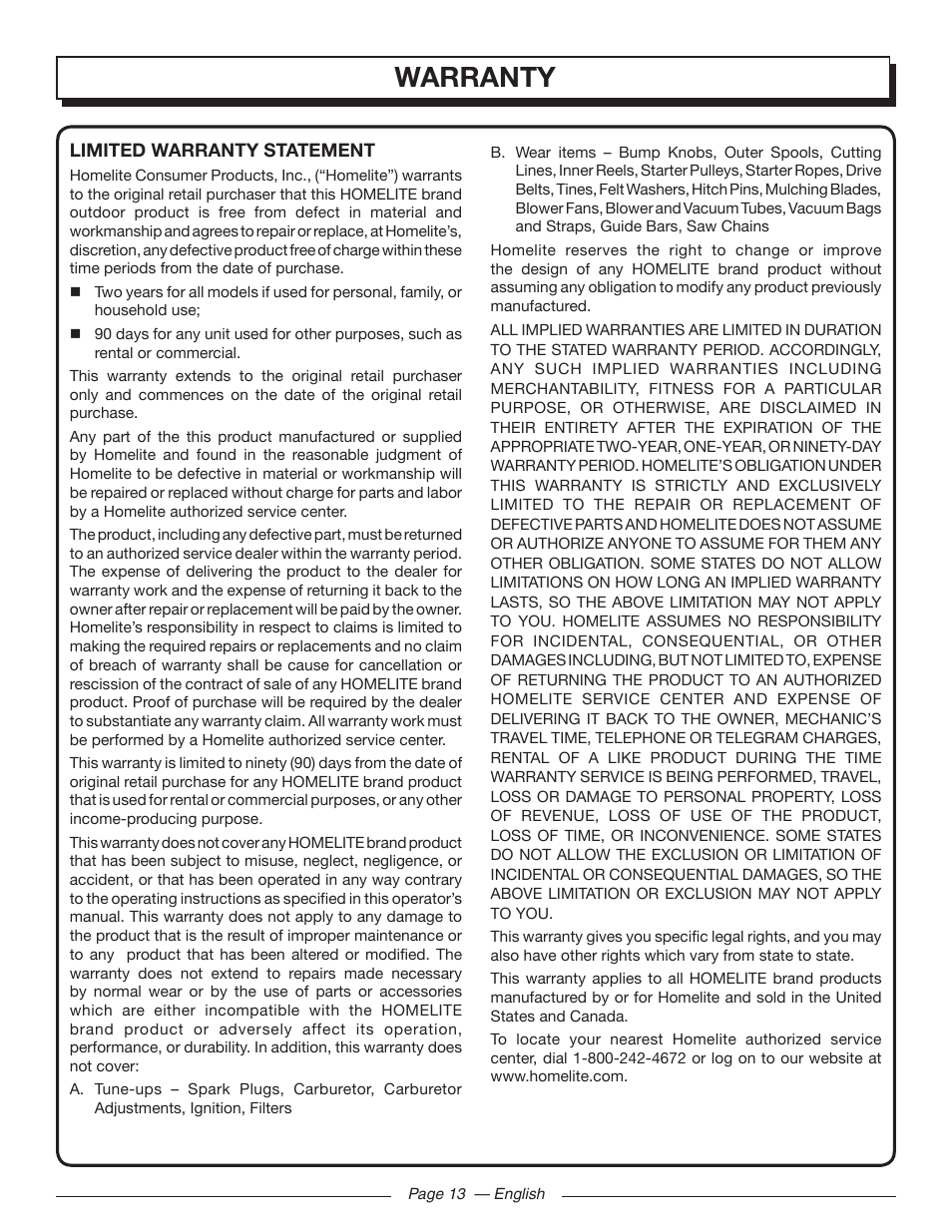 Warranty | Homelite UT46510 User Manual | Page 17 / 40