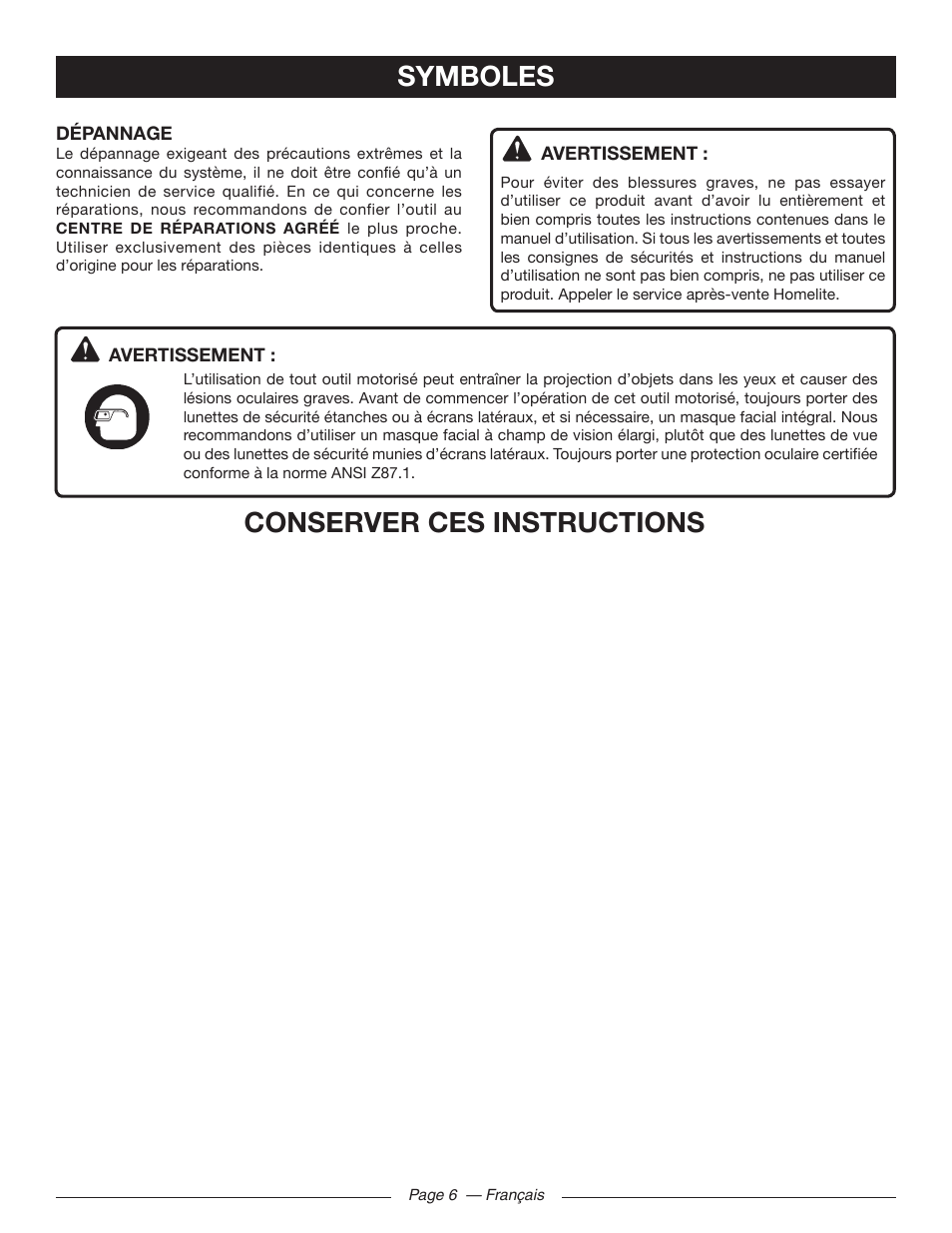 Symboles conserver ces instructions | Homelite UT46510 User Manual | Page 21 / 40