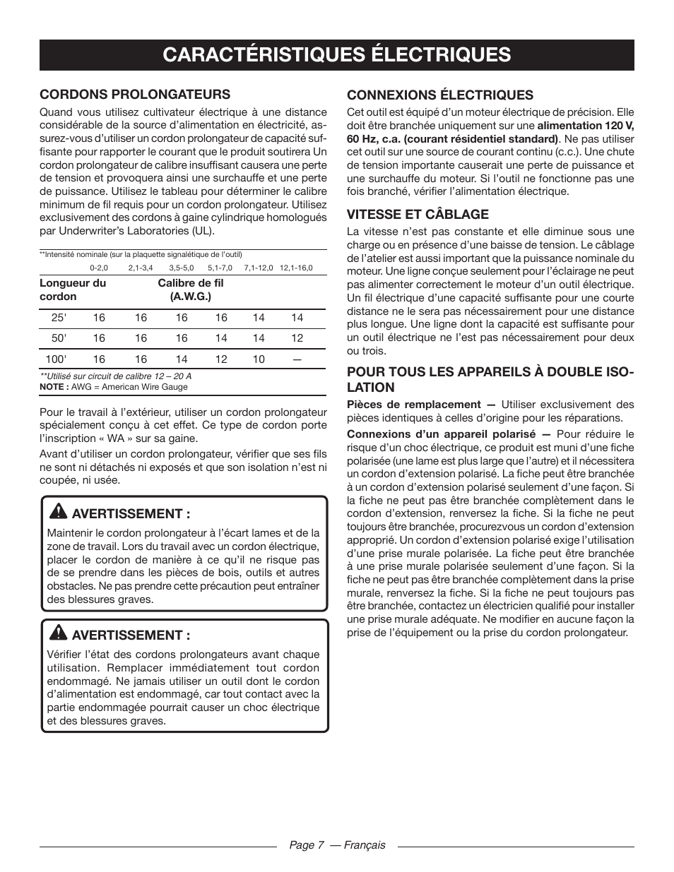 Caractéristiques électriques | Homelite UT46510 User Manual | Page 22 / 40