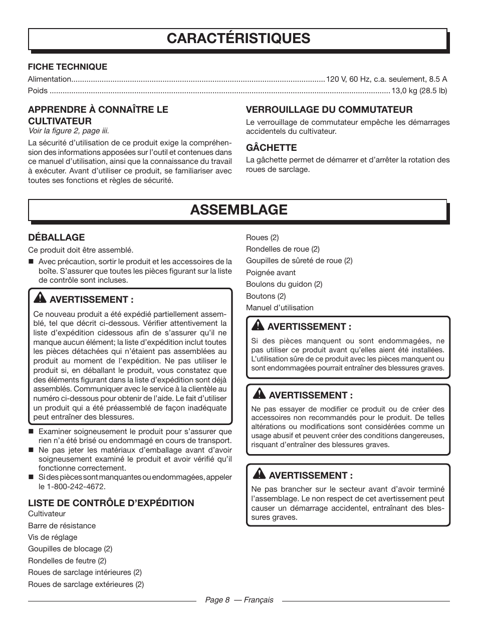 Caractéristiques, Assemblage | Homelite UT46510 User Manual | Page 23 / 40