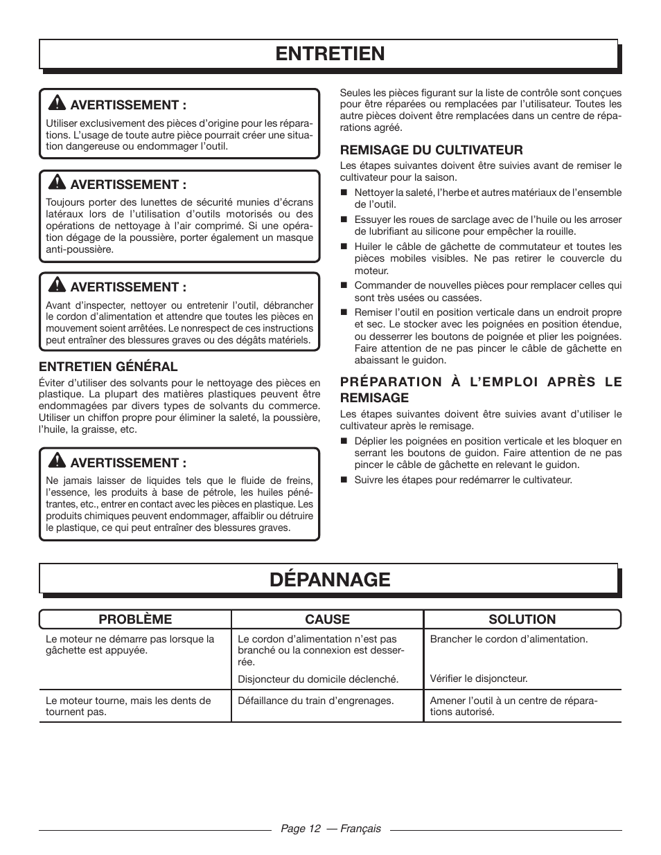 Entretien, Dépannage | Homelite UT46510 User Manual | Page 27 / 40