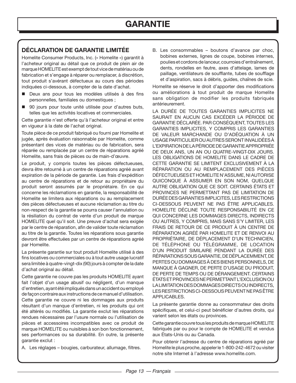 Garantie | Homelite UT46510 User Manual | Page 28 / 40