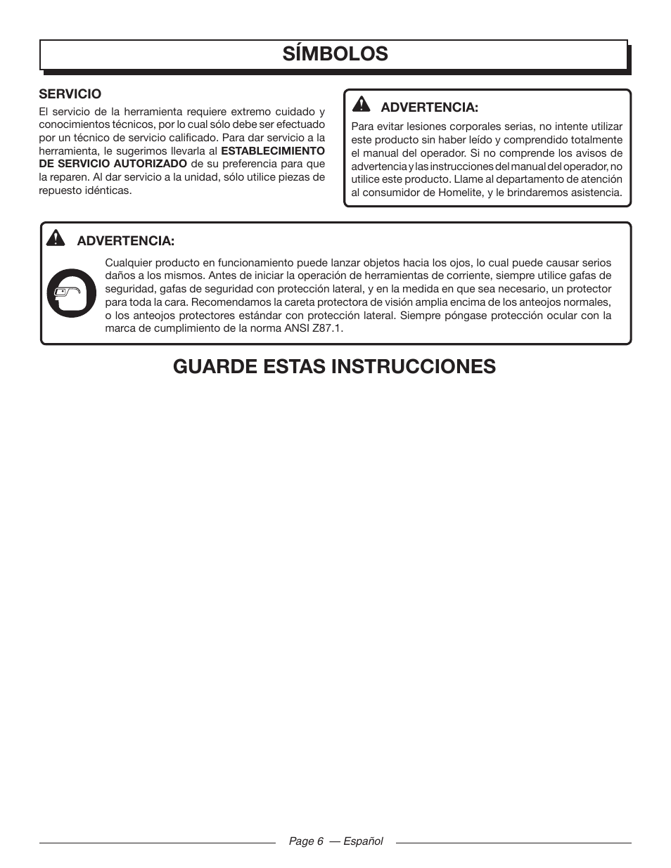 Símbolos guarde estas instrucciones | Homelite UT46510 User Manual | Page 32 / 40